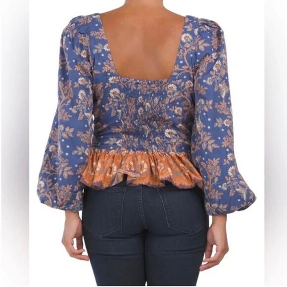 House of Harlow 1960 Medium M Peplum Balloon Sleeve Lace Up Bohemian Blouse - Picture 2 of 10